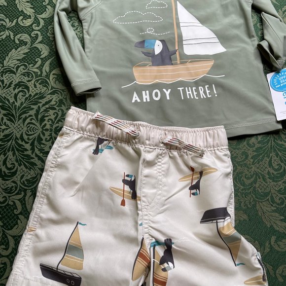 NWt 18m carters 2p ships penguin rash guard swim suit bathing sail boat nautical - Picture 3 of 8